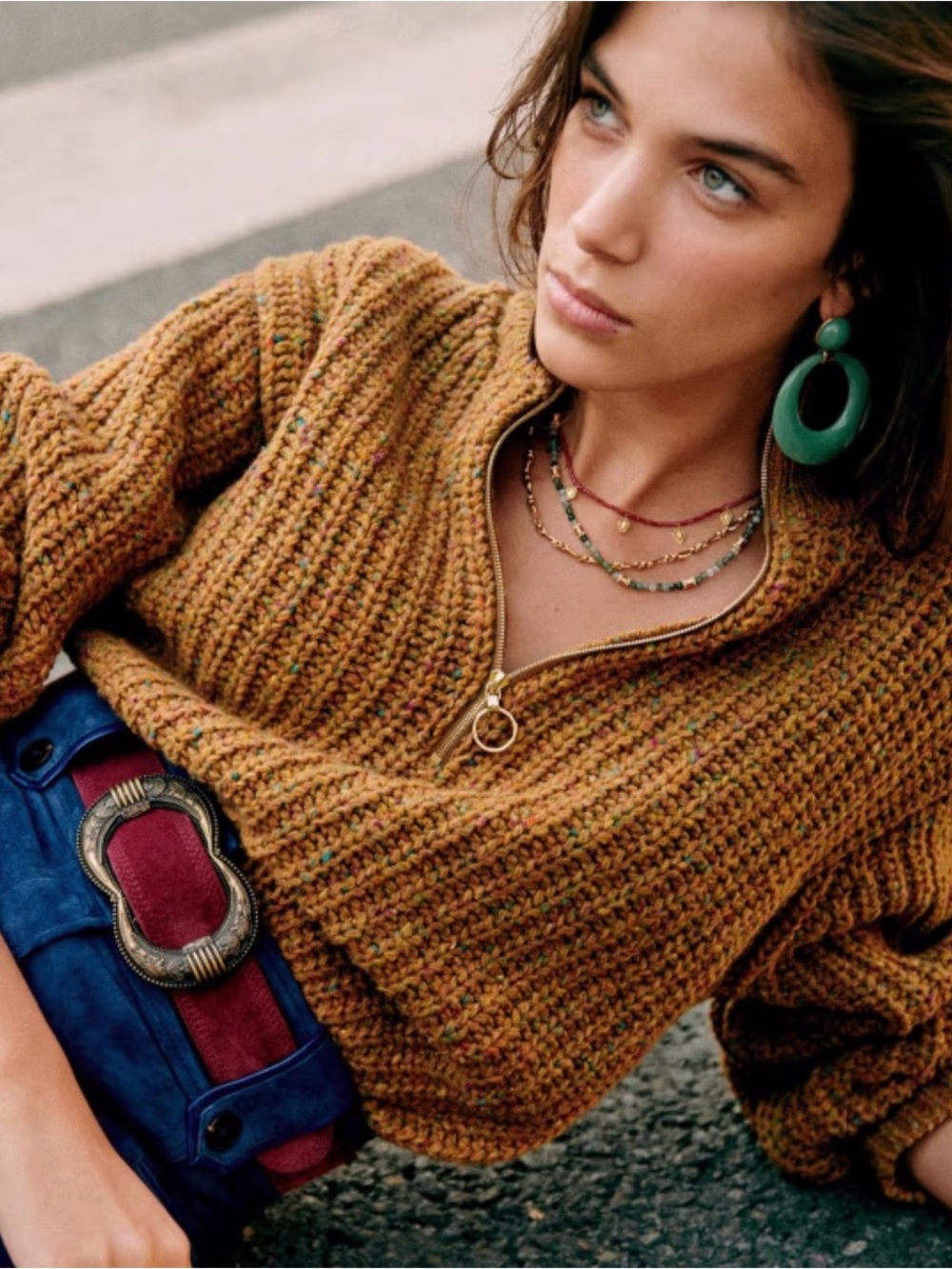 Sezane Ribbed Half-Zip Sweater in Mustard Fleck
